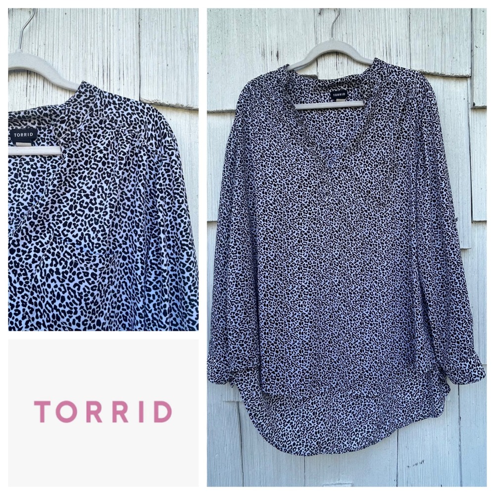 Torrid Women's Blouse Size 2X Black White Animal Print Roll Tab Long Sleeve